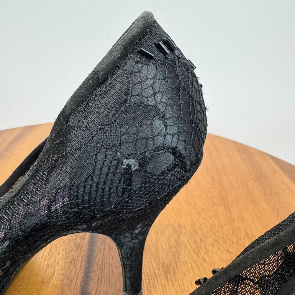Womens Susan Bennis Warren Edwards Black Lace Beaded Heels‎ Pumps Size 6 M GUC